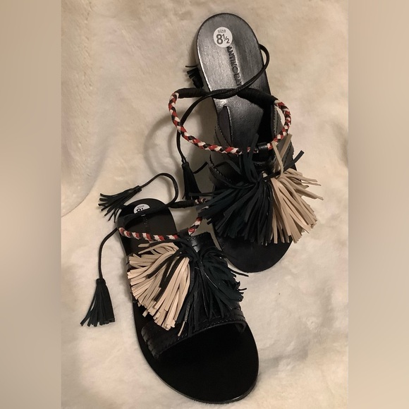 Antik Batik Black and Cream Tassel Leather Sandals - Picture 1 of 8